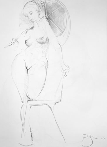 Paul Bacon Pencil on Paper Drawing 012 female nude with umbrella